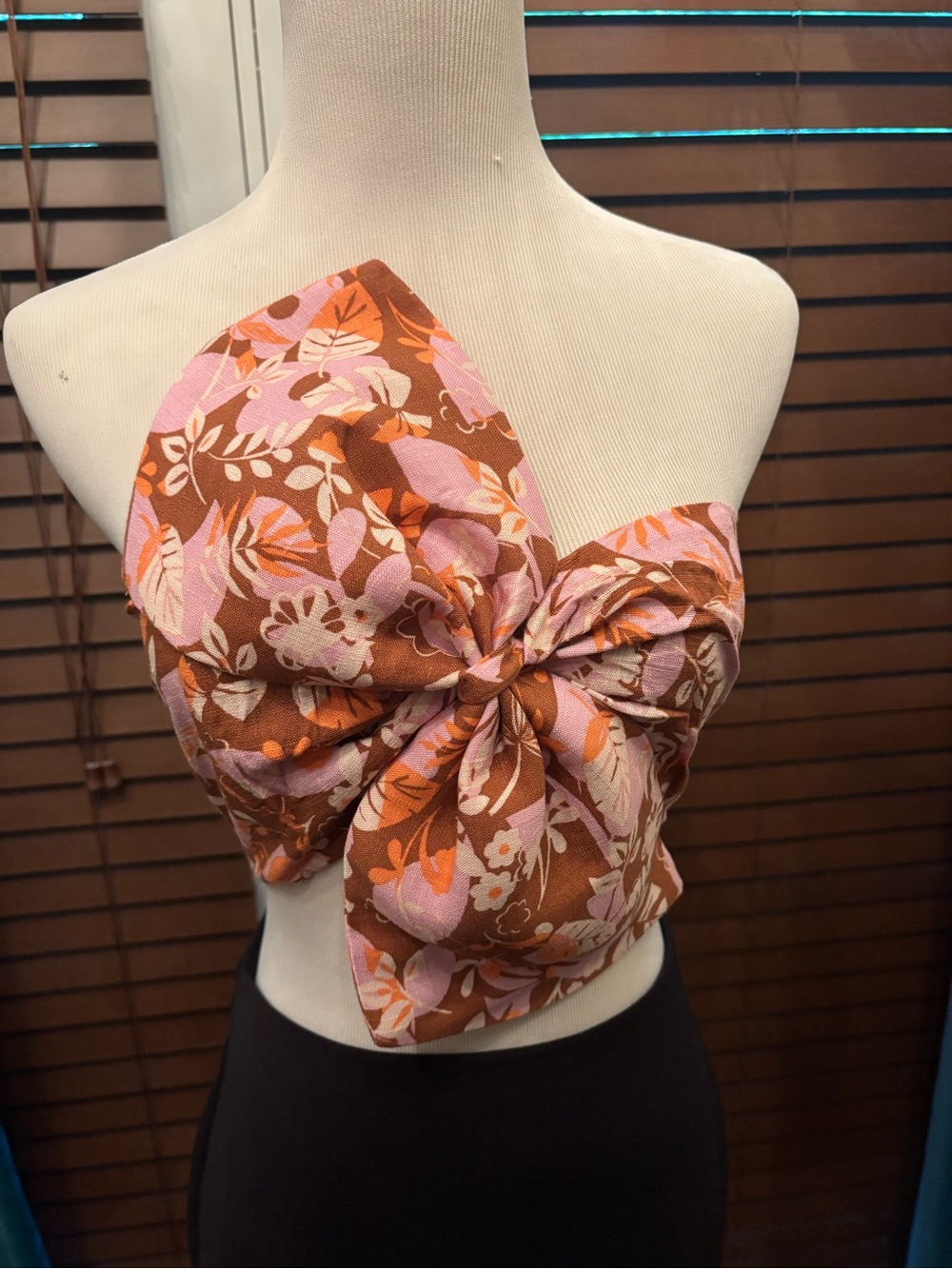 Beautiful Great Quality Floral Knot Front Strapless Crop Top in Brown and Pink